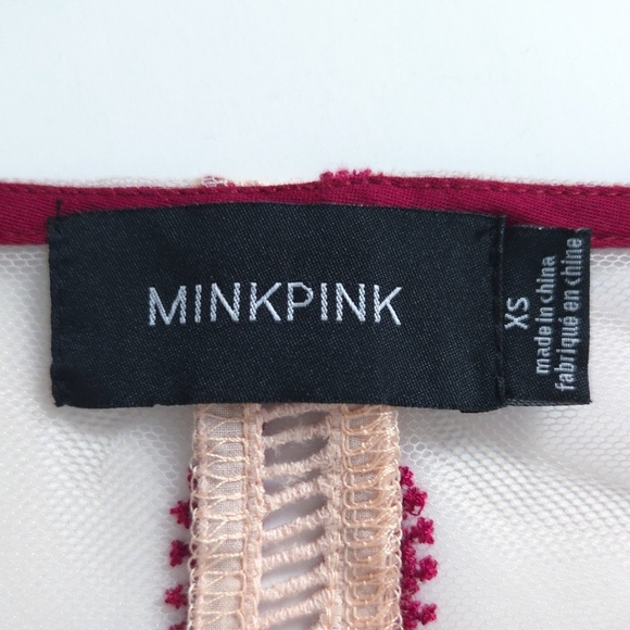 MinkPink Burgundy Red & Pink Paisley Sheer Embroidered Bell 3/4-Sleeve Top - Picture 8 of 8